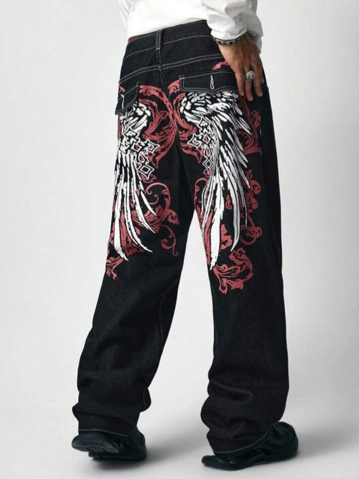 DEVIL-DENIM Men's Grunge Punk Wing Print Pocket Simple Casual Jeans